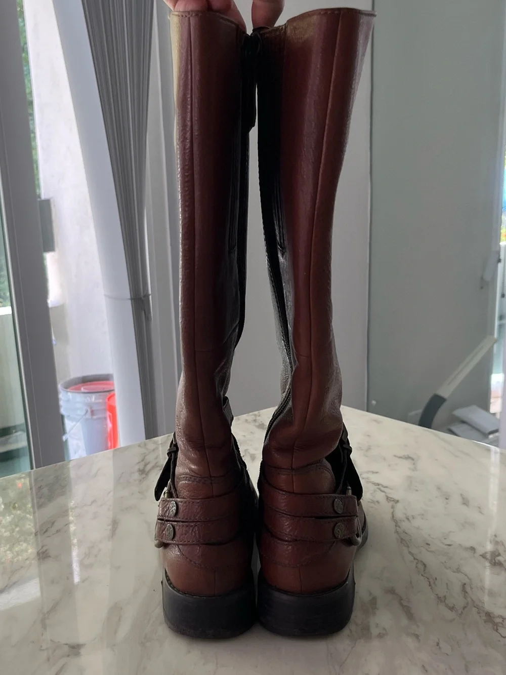Gabor Chestnut Brown Leather Under-the-Knee Boots with Buckle Straps